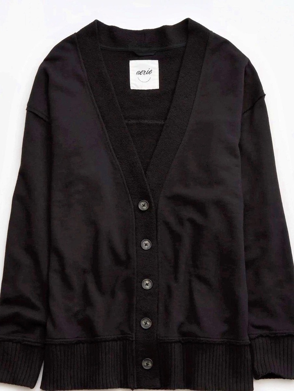 aerie Fleece Cardigan Black Button-Front Size Small lounge comfy everyday